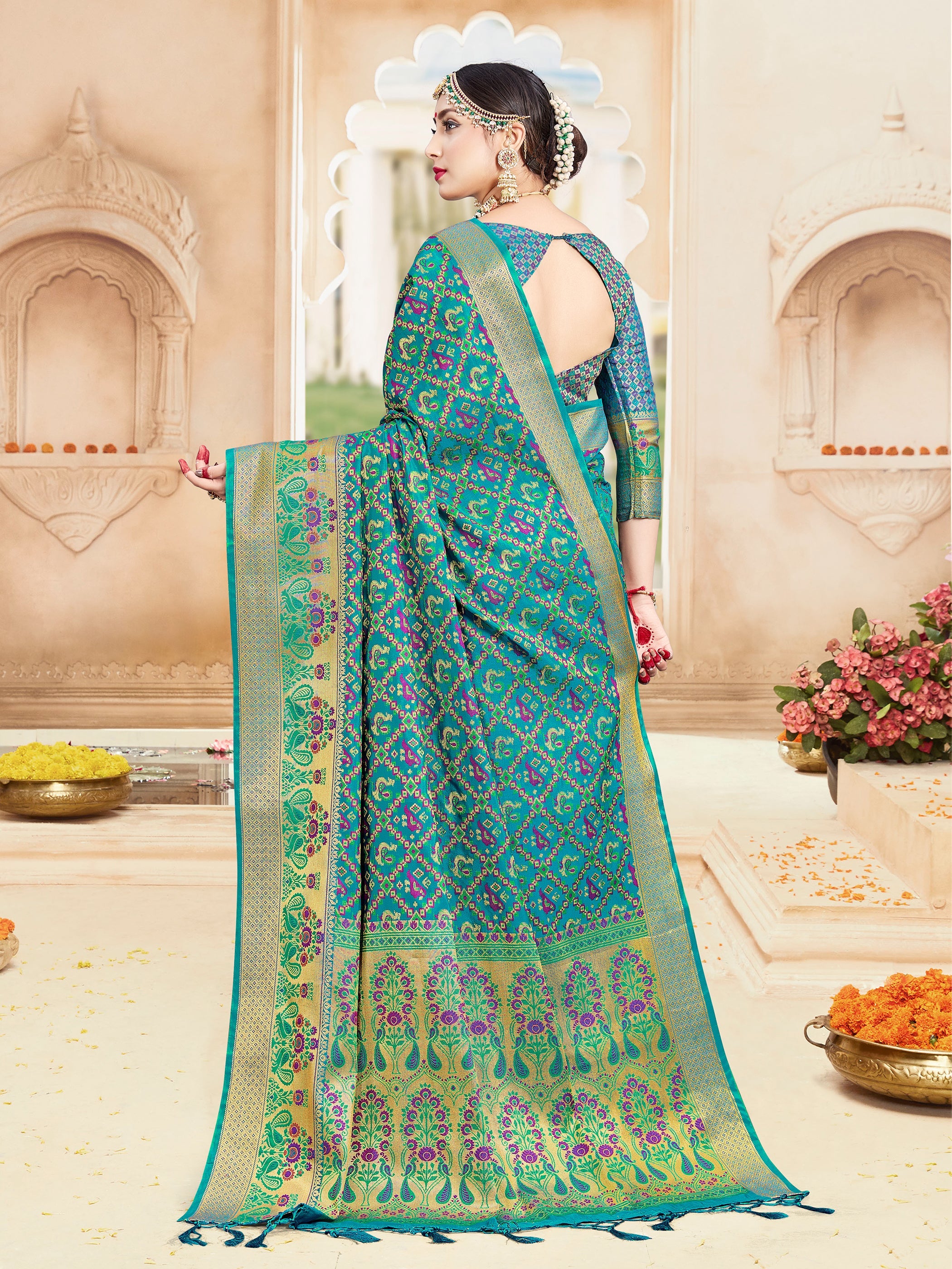 Turquoise Banarasi Art Silk Woven Saree