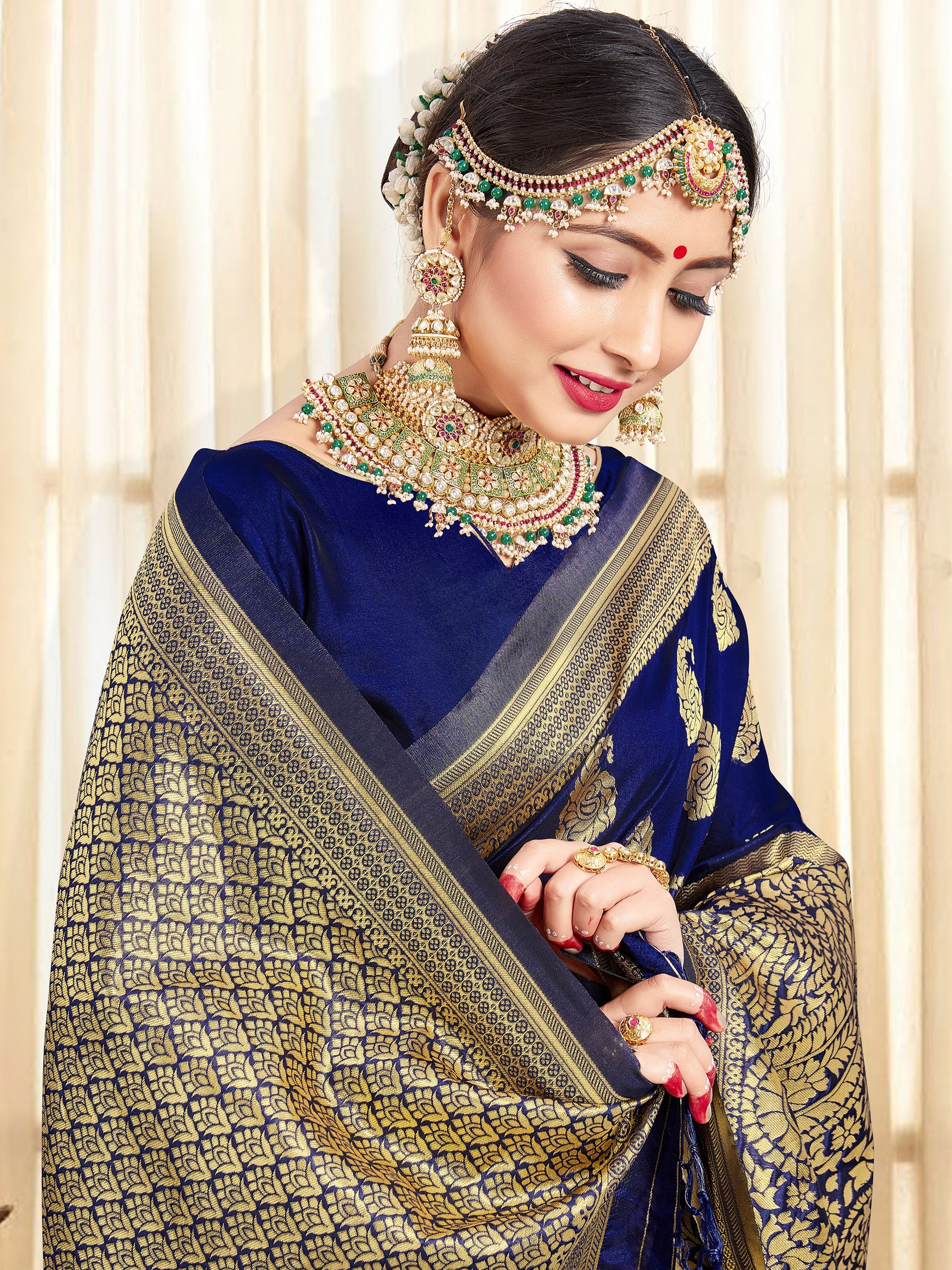 Navy Blue Banarasi Art Silk Woven Saree