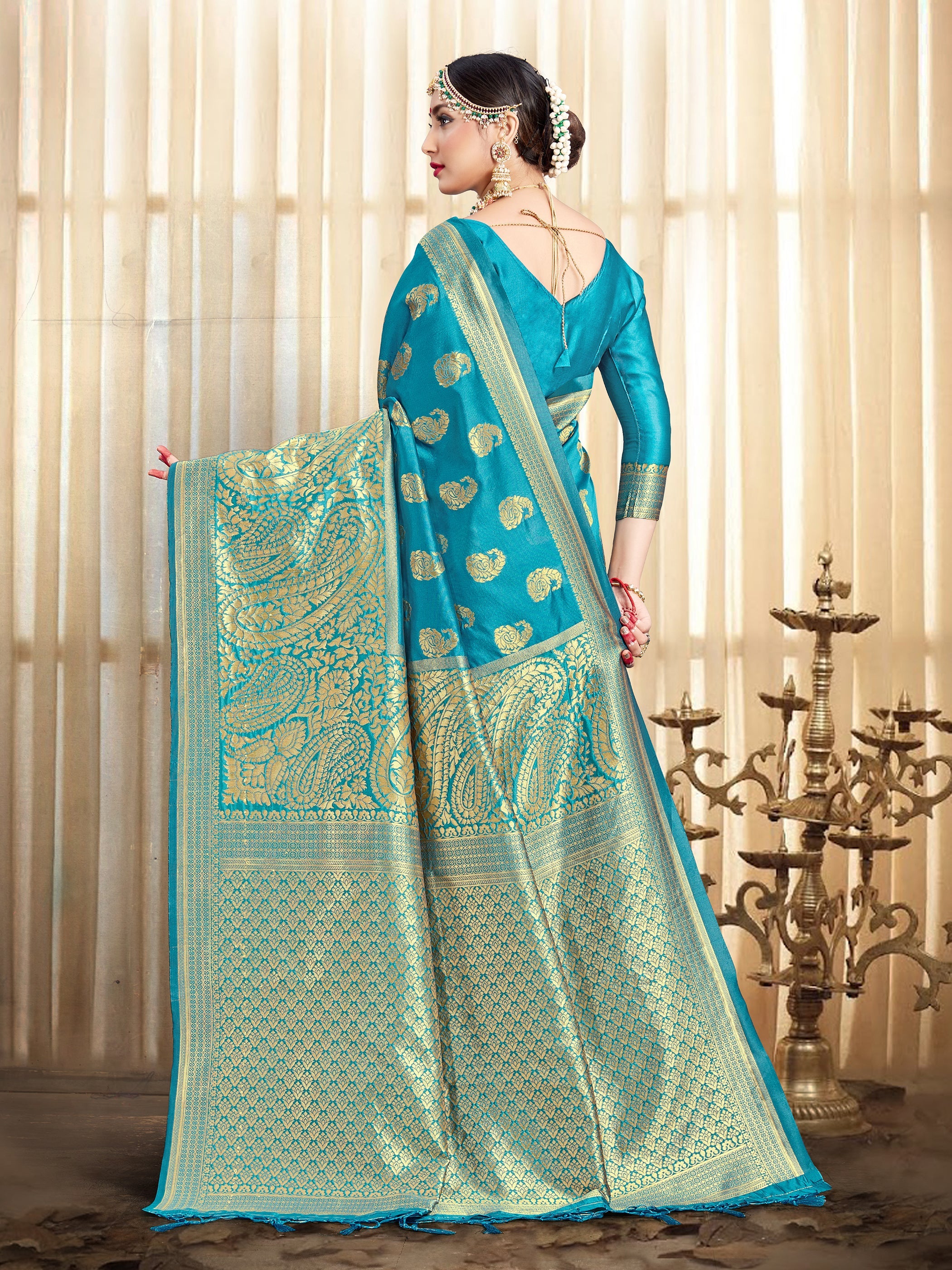 Turquoise Banarasi Art Silk Woven Saree