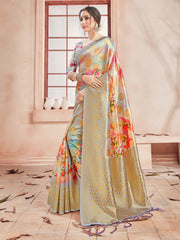 Beige Banarasi Art Silk Digital Print Woven Saree