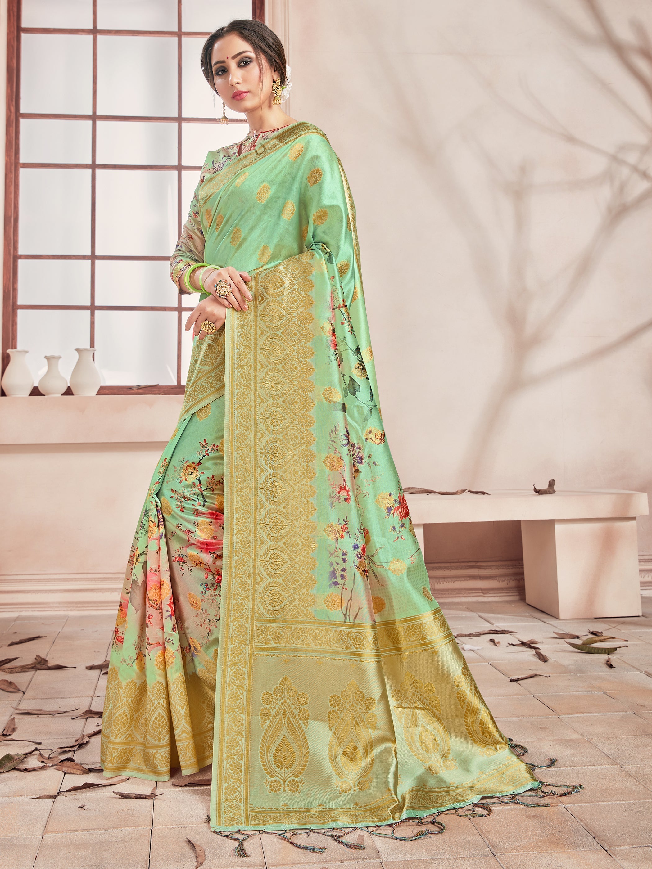 Green Banarasi Art Silk Digital Print Woven Saree