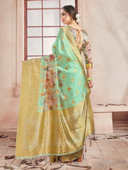 Green Banarasi Art Silk Digital Print Woven Saree