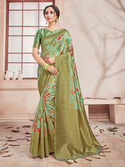 Olive Green Banarasi Art Silk Digital Print Woven Saree