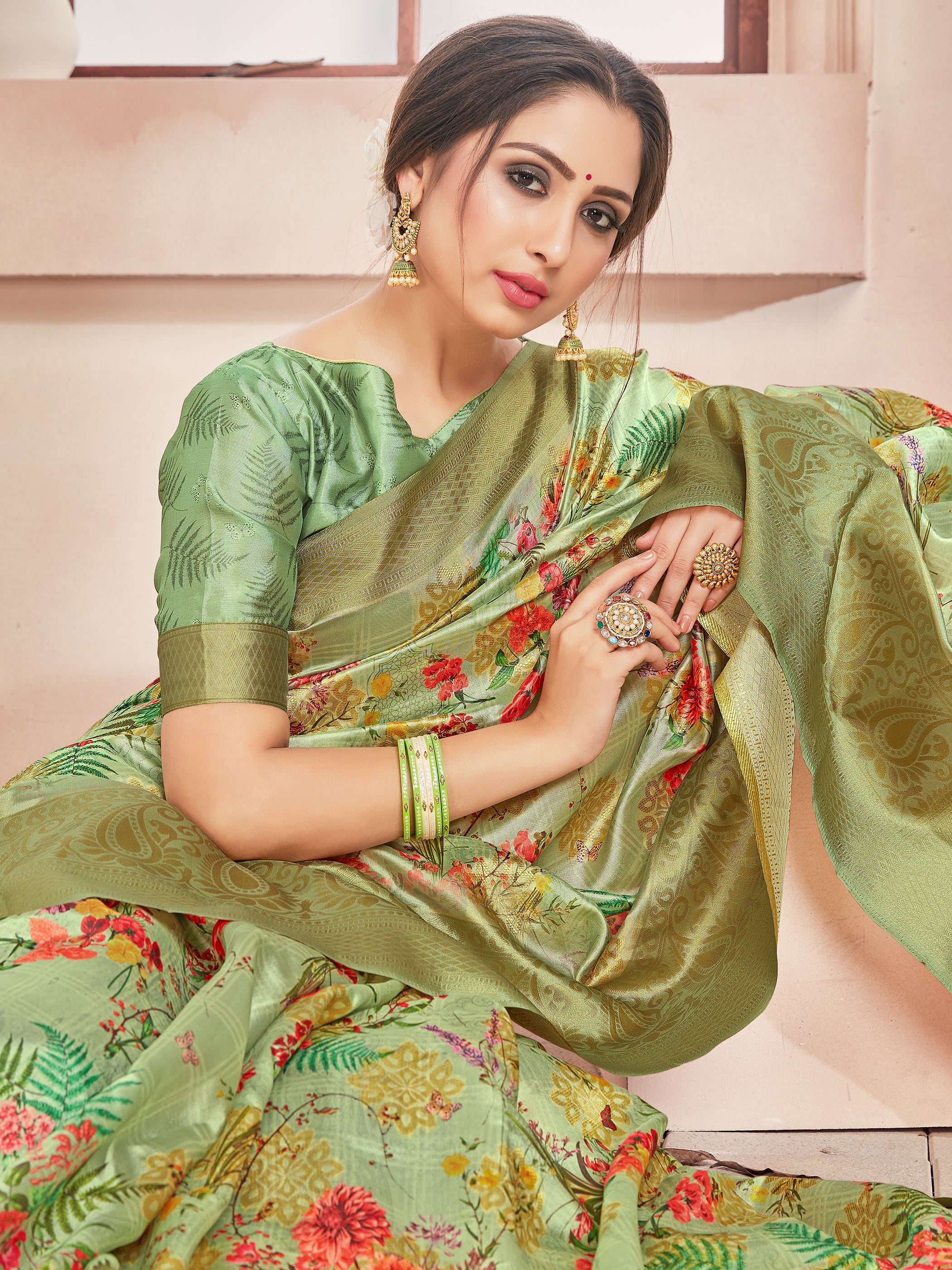 Olive Green Banarasi Art Silk Digital Print Woven Saree