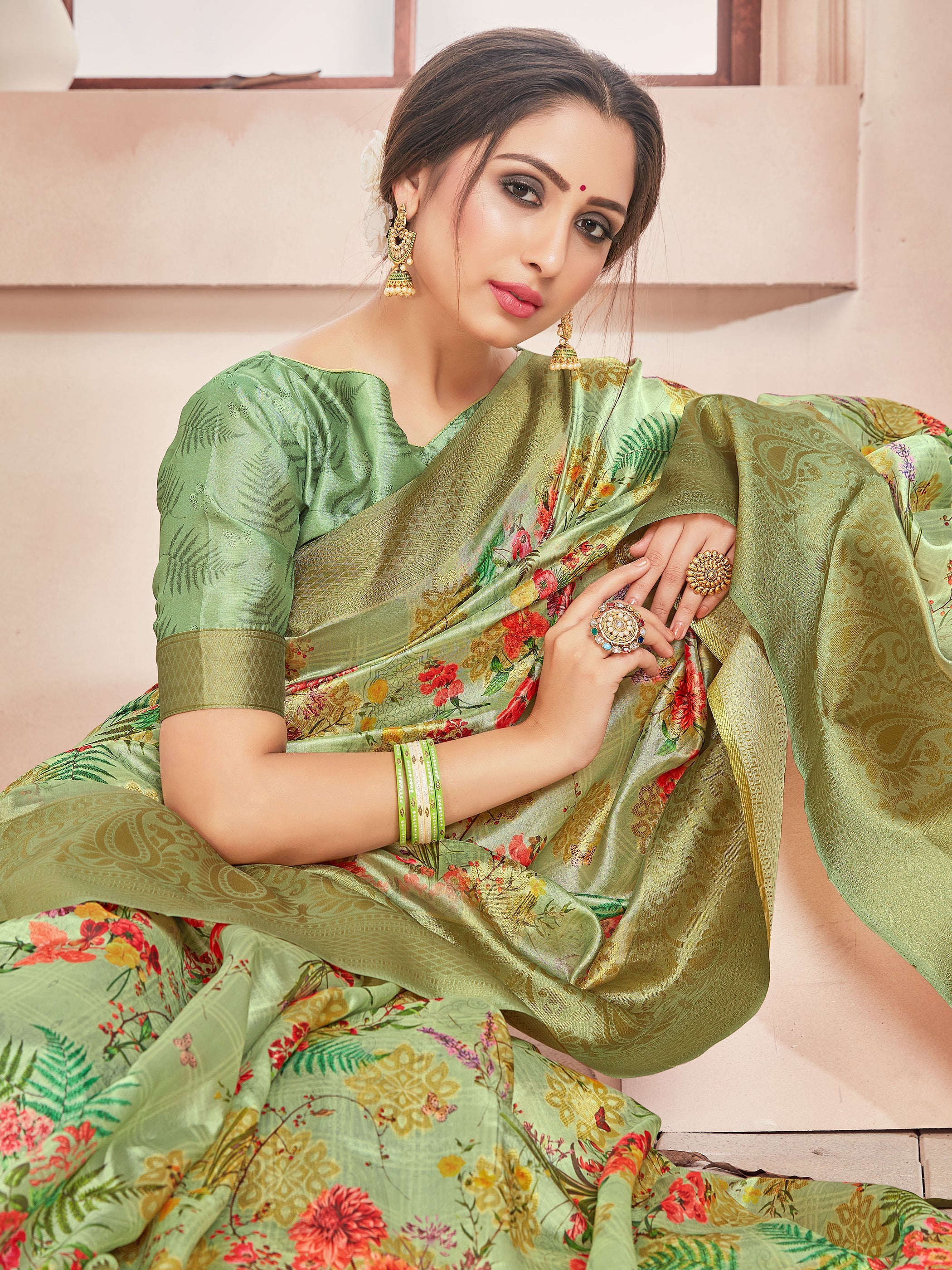 Olive Green Banarasi Art Silk Digital Print Woven Saree