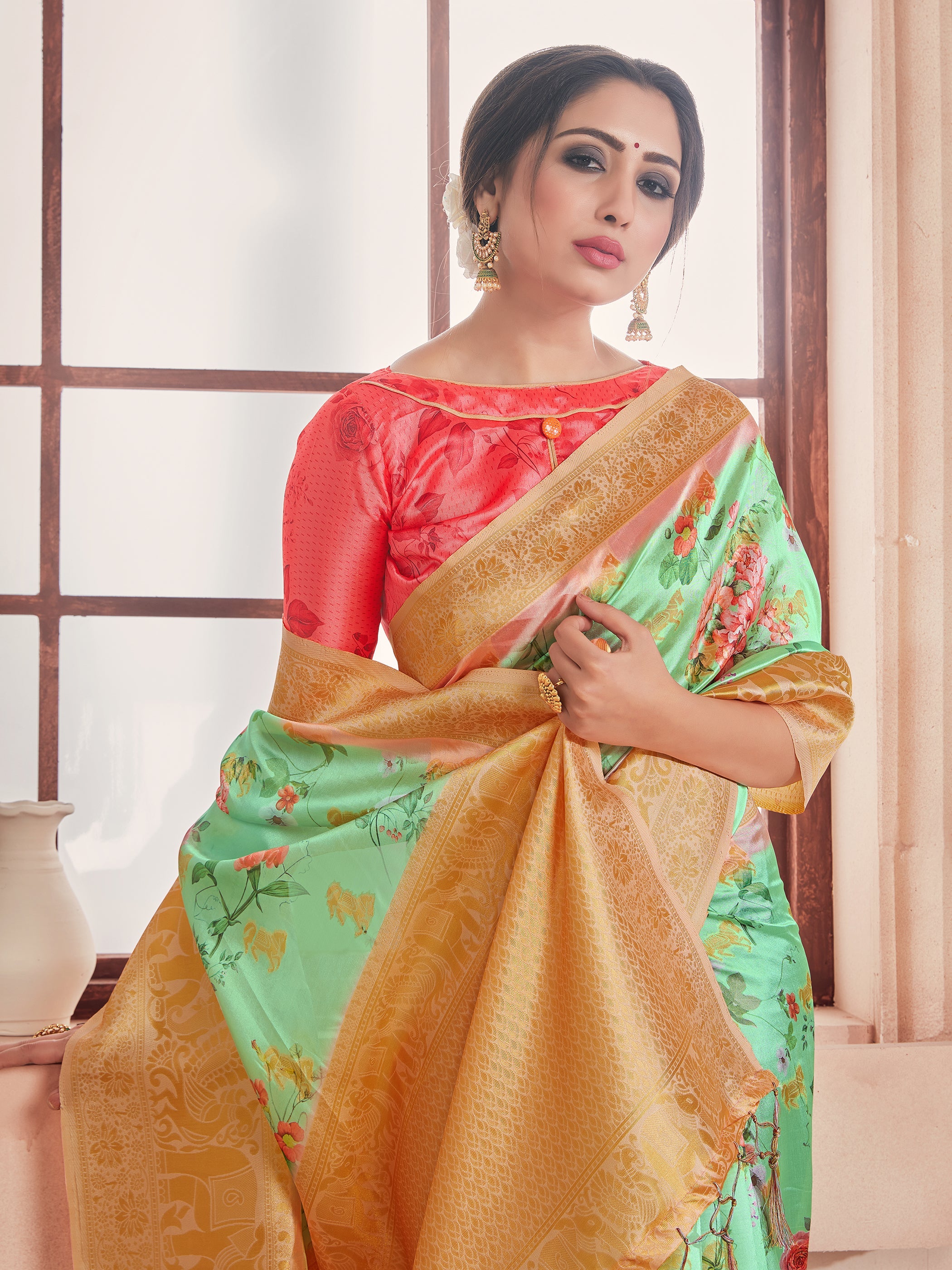 Green Banarasi Art Silk Digital Print Woven Saree