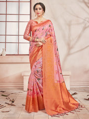 Peach Banarasi Art Silk Digital Print Woven Saree