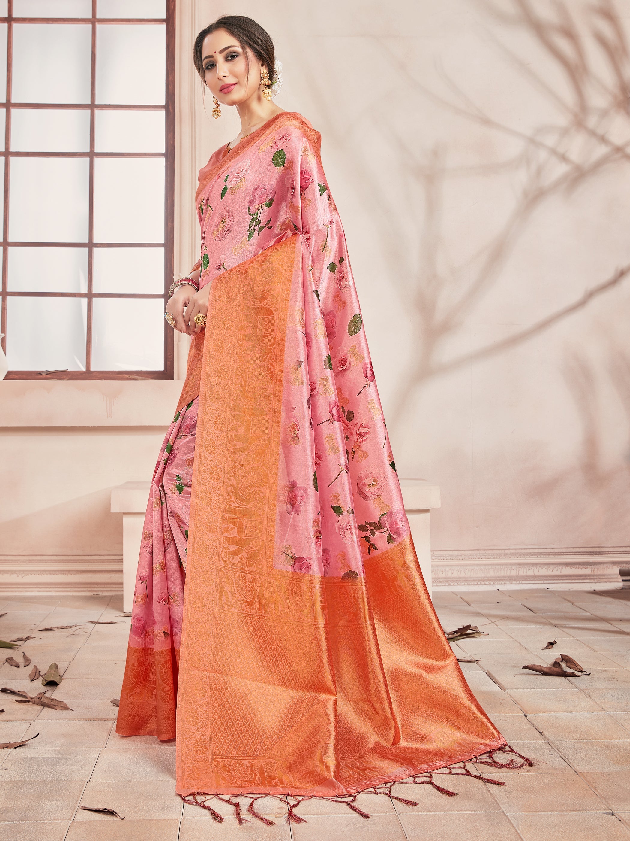 Peach Banarasi Art Silk Digital Print Woven Saree