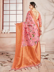 Peach Banarasi Art Silk Digital Print Woven Saree