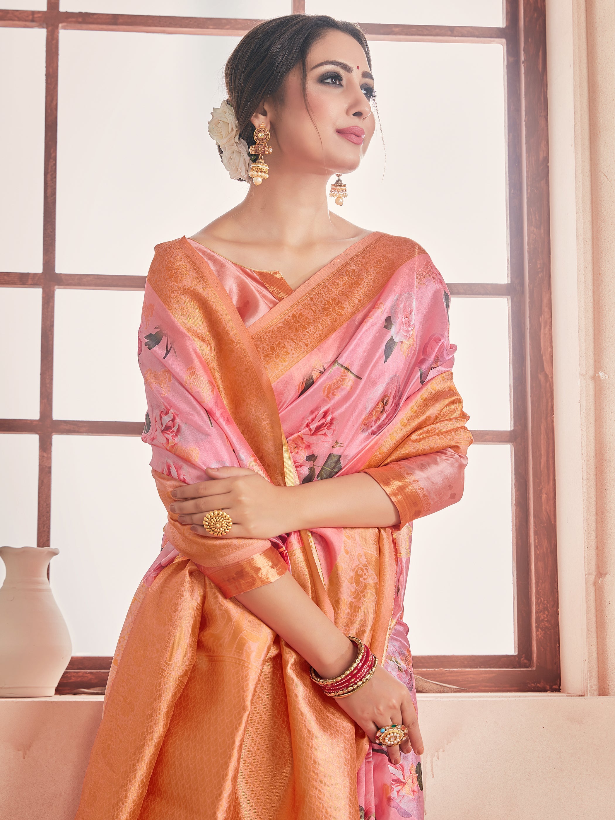 Peach Banarasi Art Silk Digital Print Woven Saree