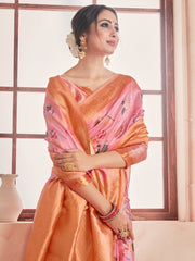 Peach Banarasi Art Silk Digital Print Woven Saree