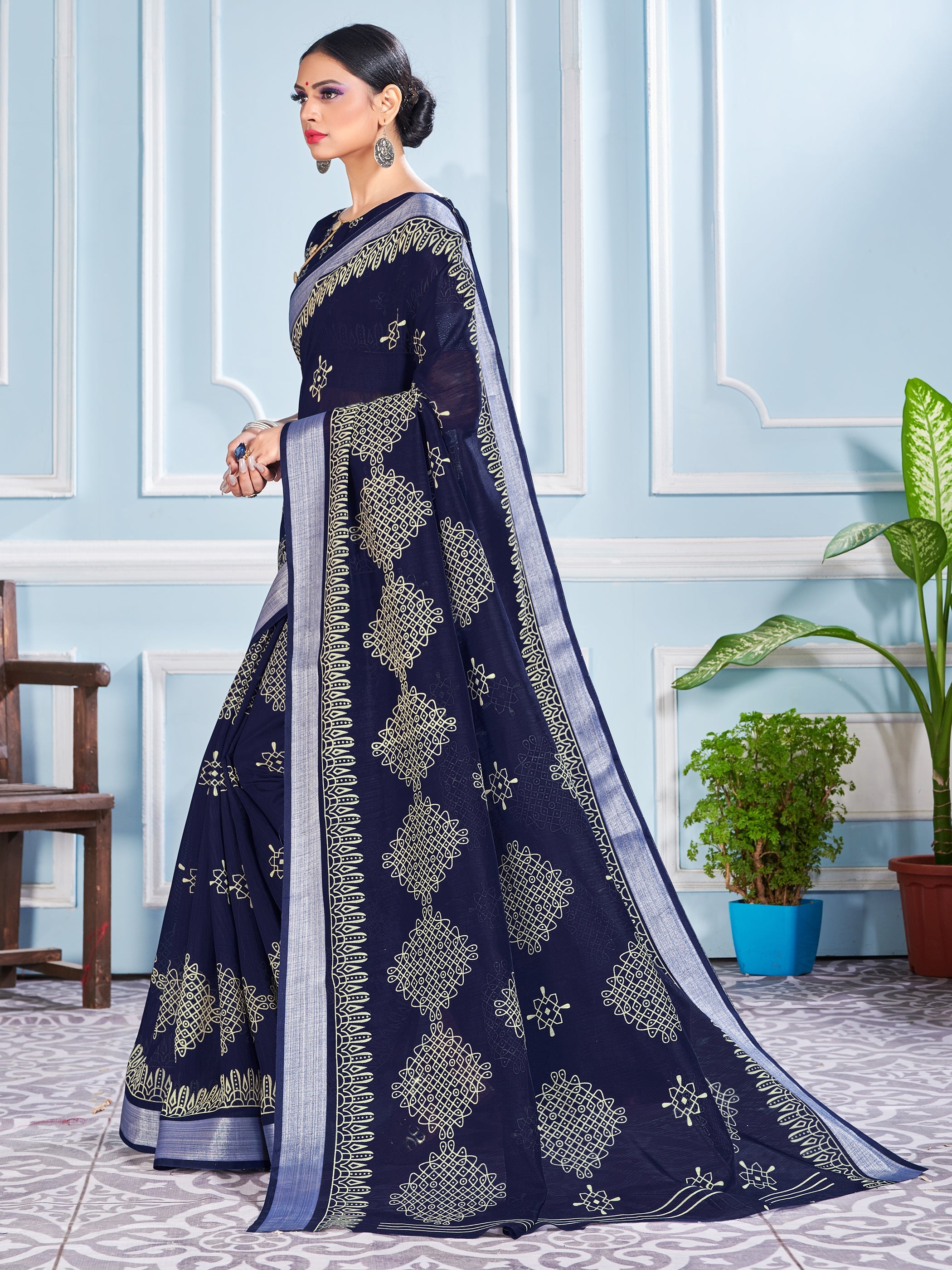 Navy Blue Cotton Silk Printed Saree