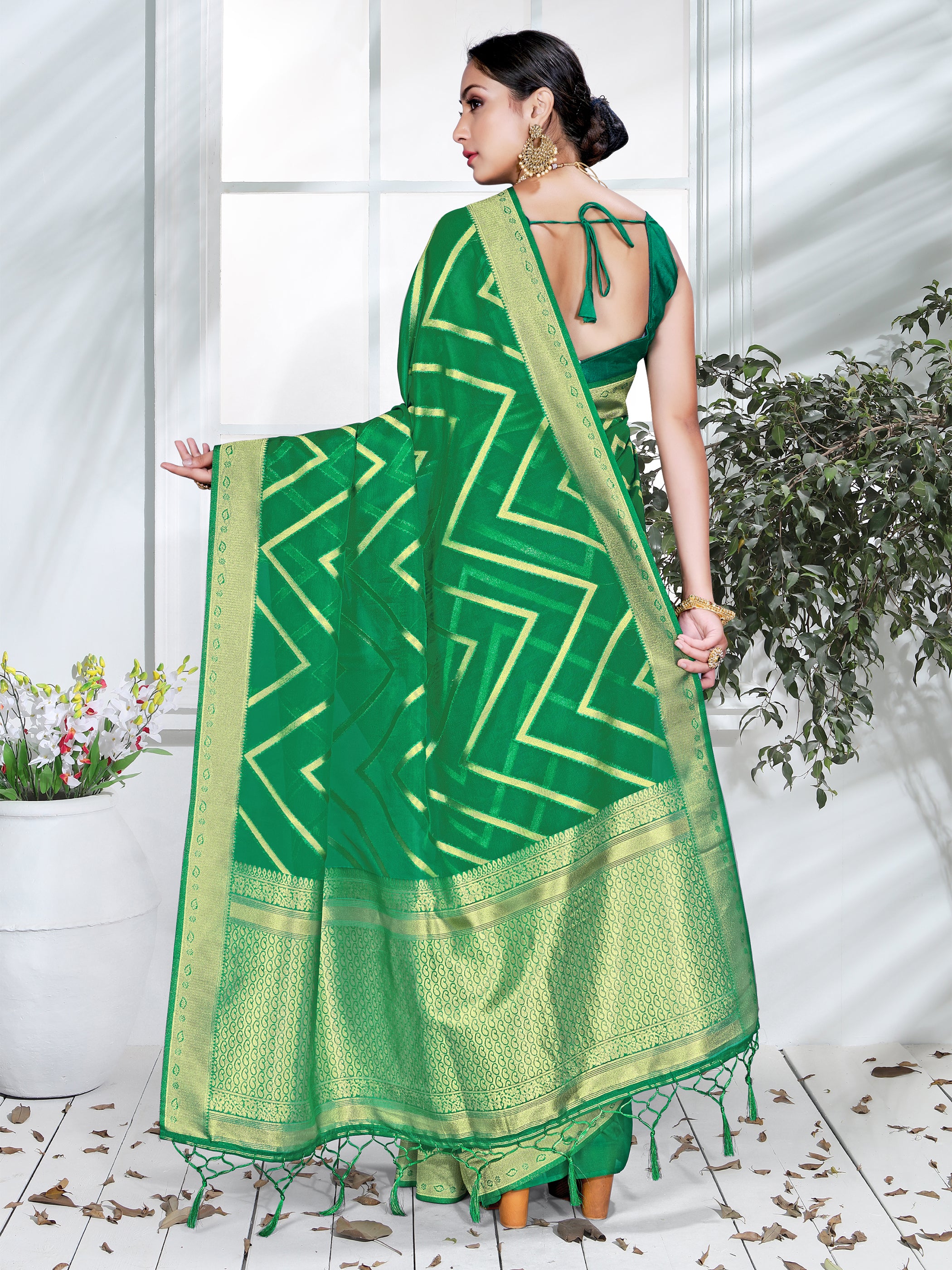 Green Organza Silk Chevron Woven Saree