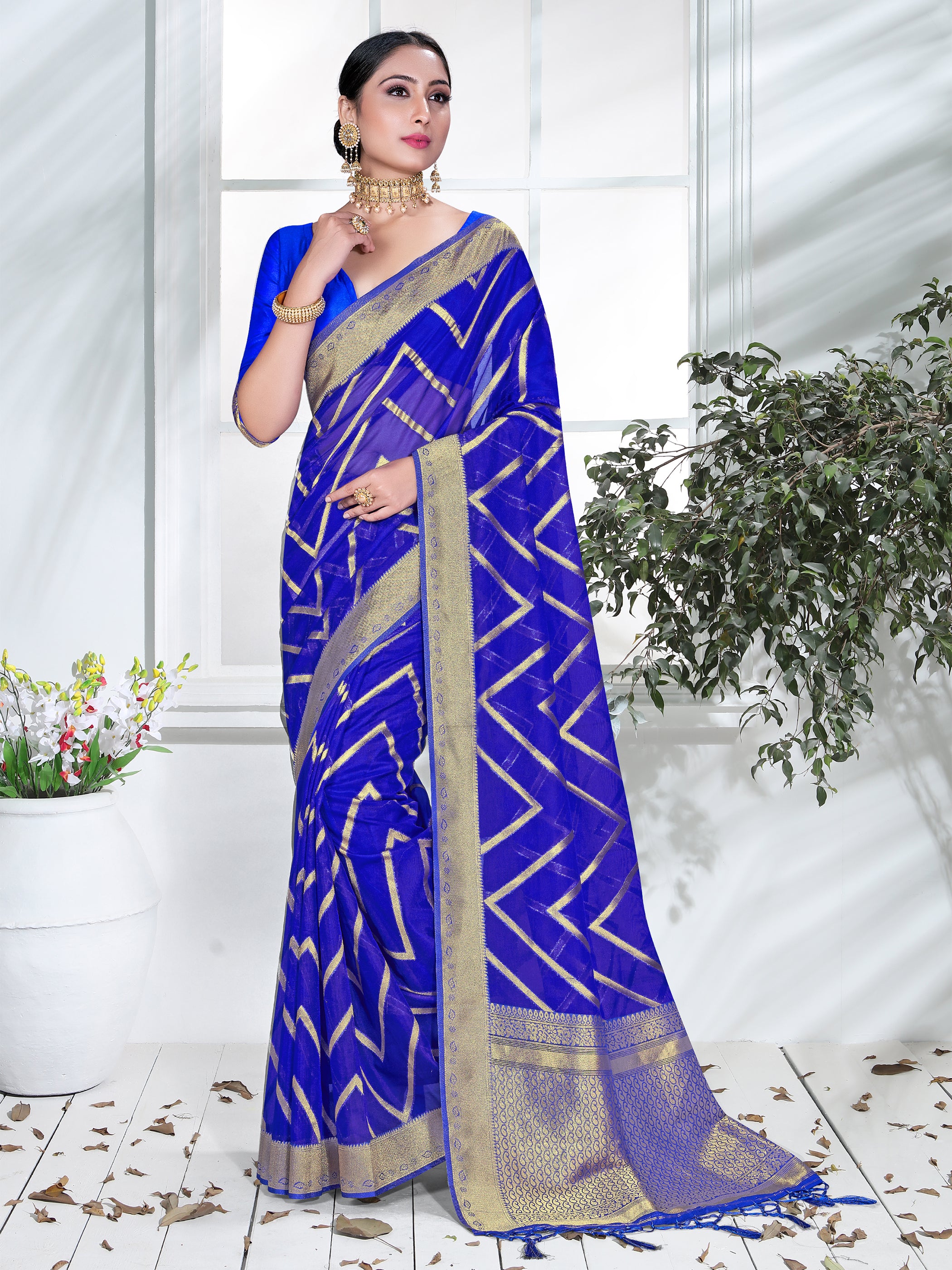 Blue Organza Silk Chevron Woven Saree