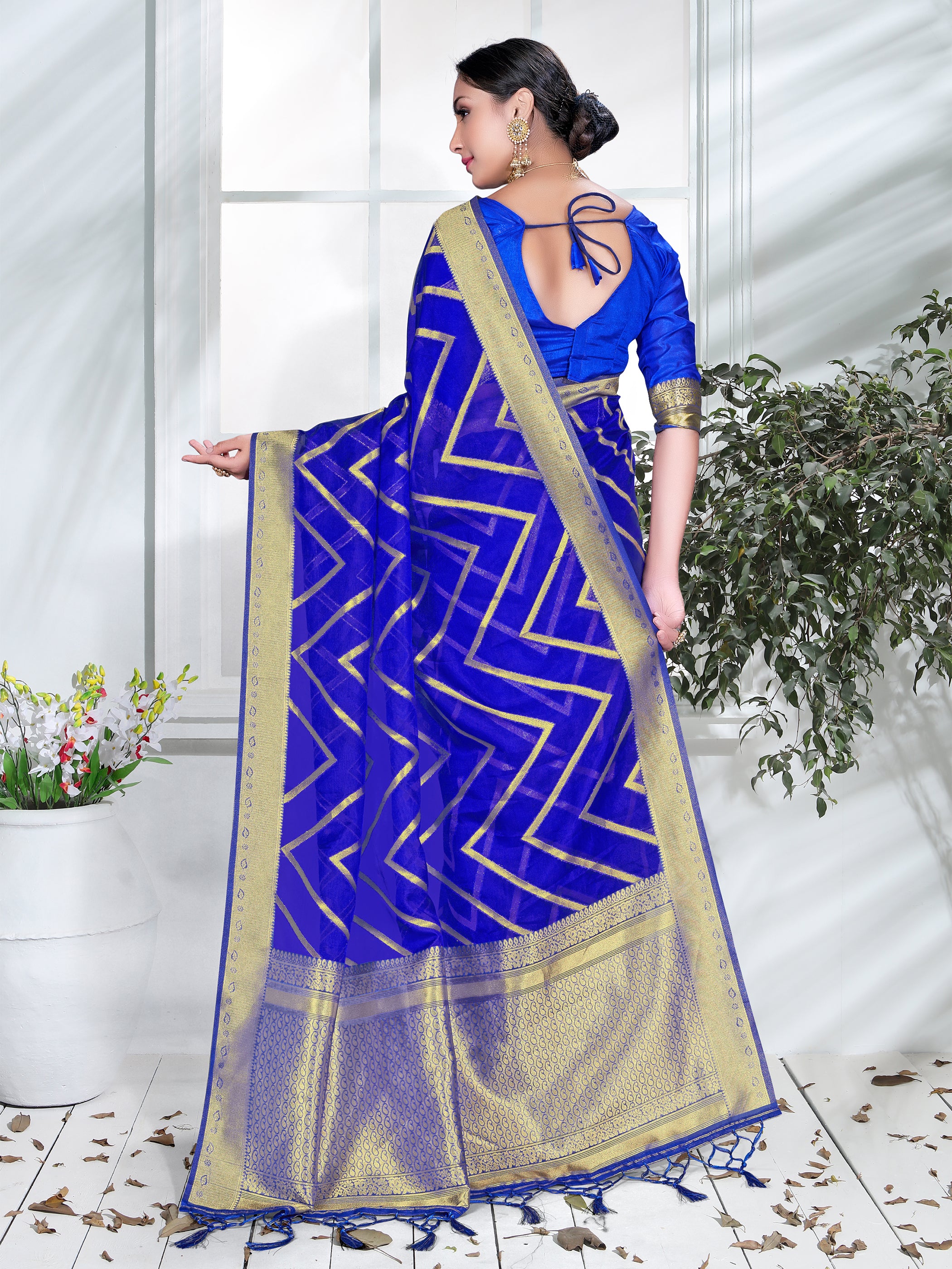 Blue Organza Silk Chevron Woven Saree