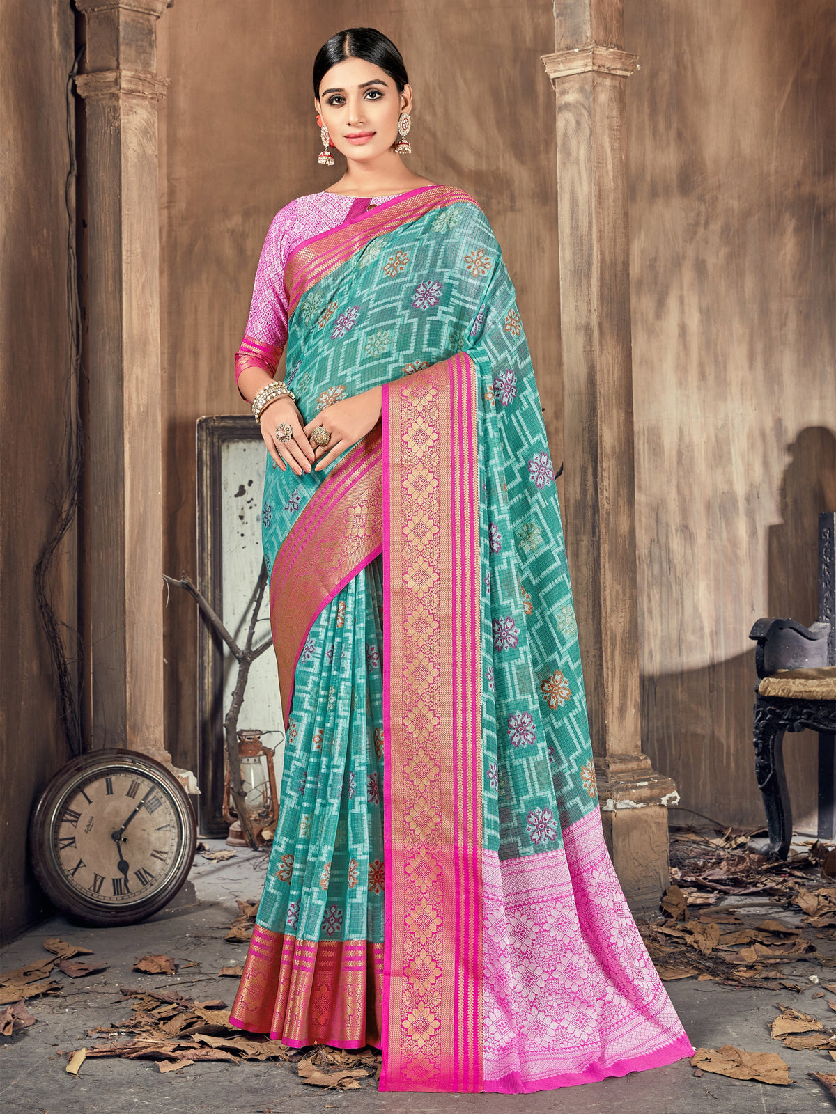 Teal Cotton Silk Woven Saree