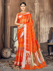 Orange Cotton Silk Woven Saree