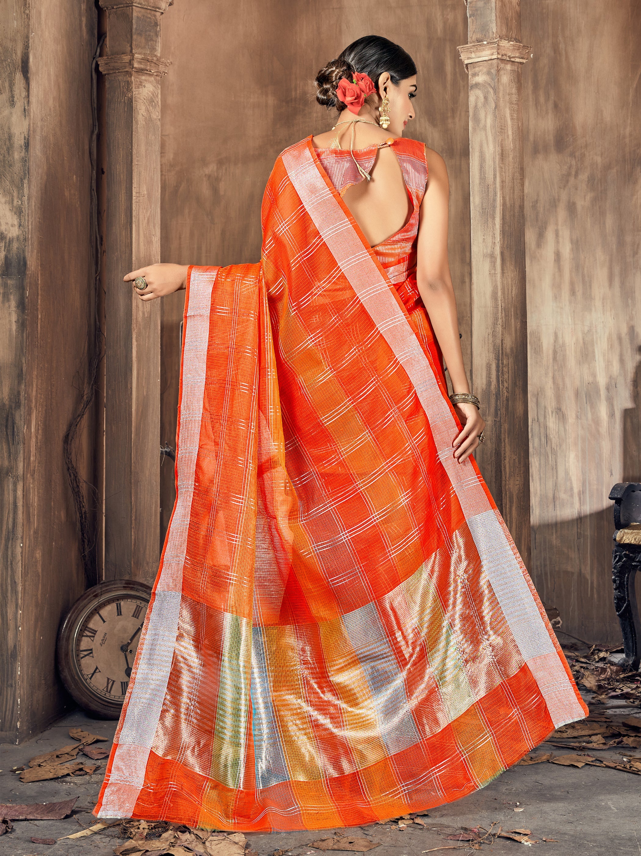 Orange Cotton Silk Woven Saree