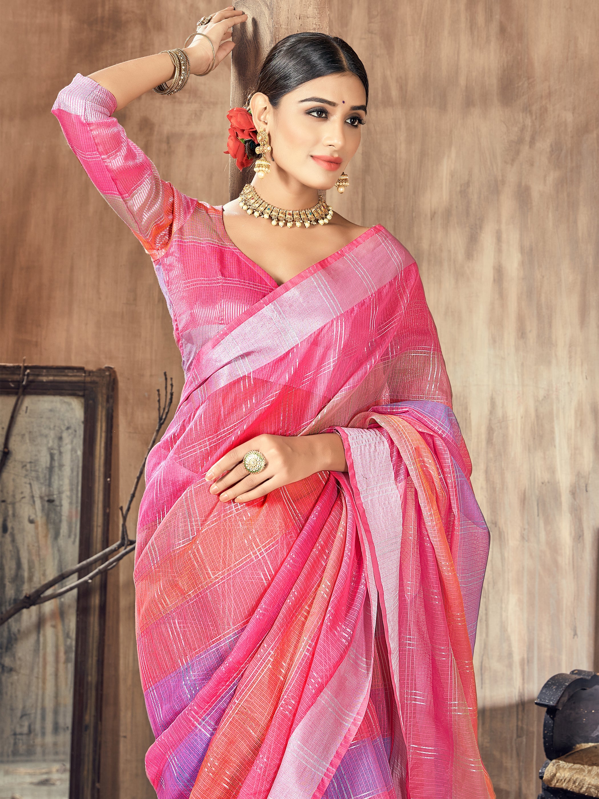 Pink Cotton Silk Woven Saree