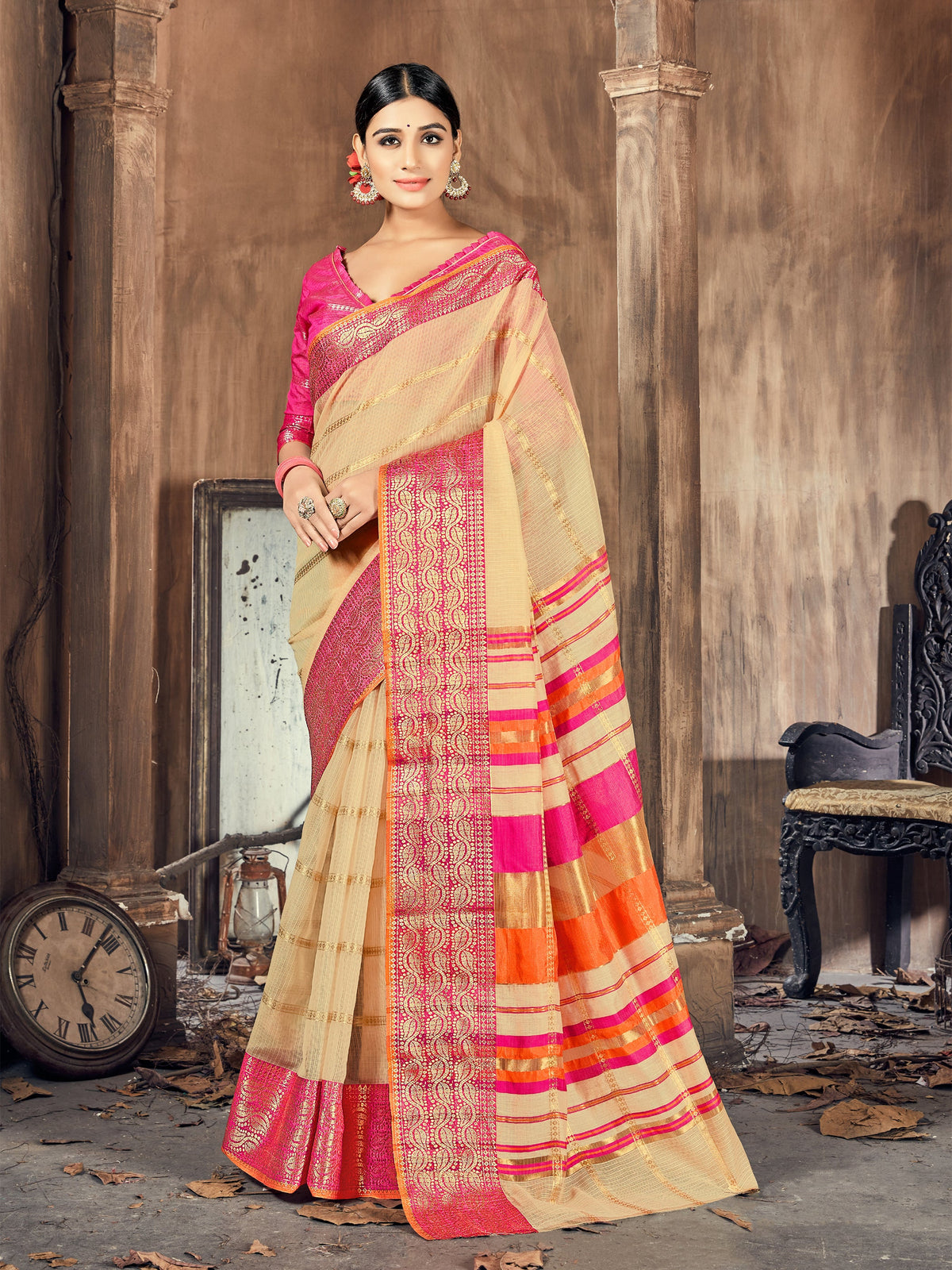 Beige Cotton Silk Woven Saree