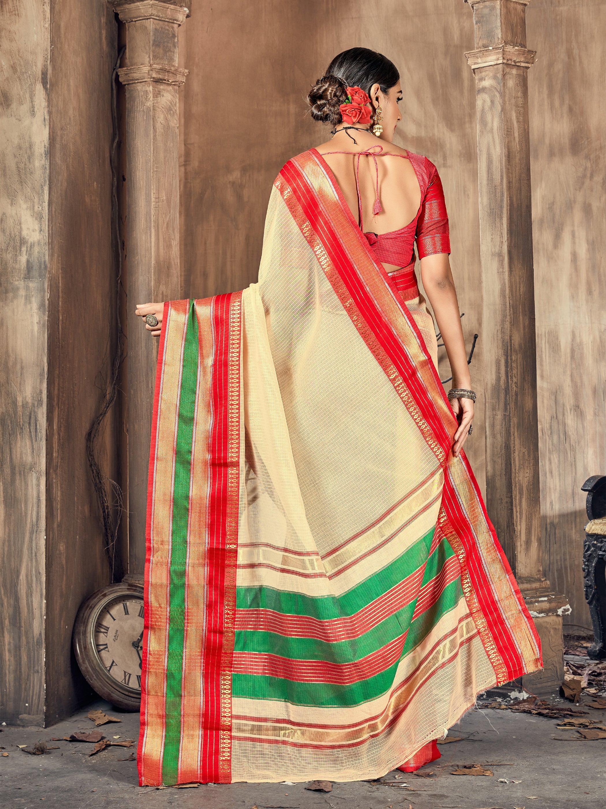 Beige Cotton Silk Woven Saree