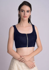 Navy Blue Velvet Strap Solid Blouse