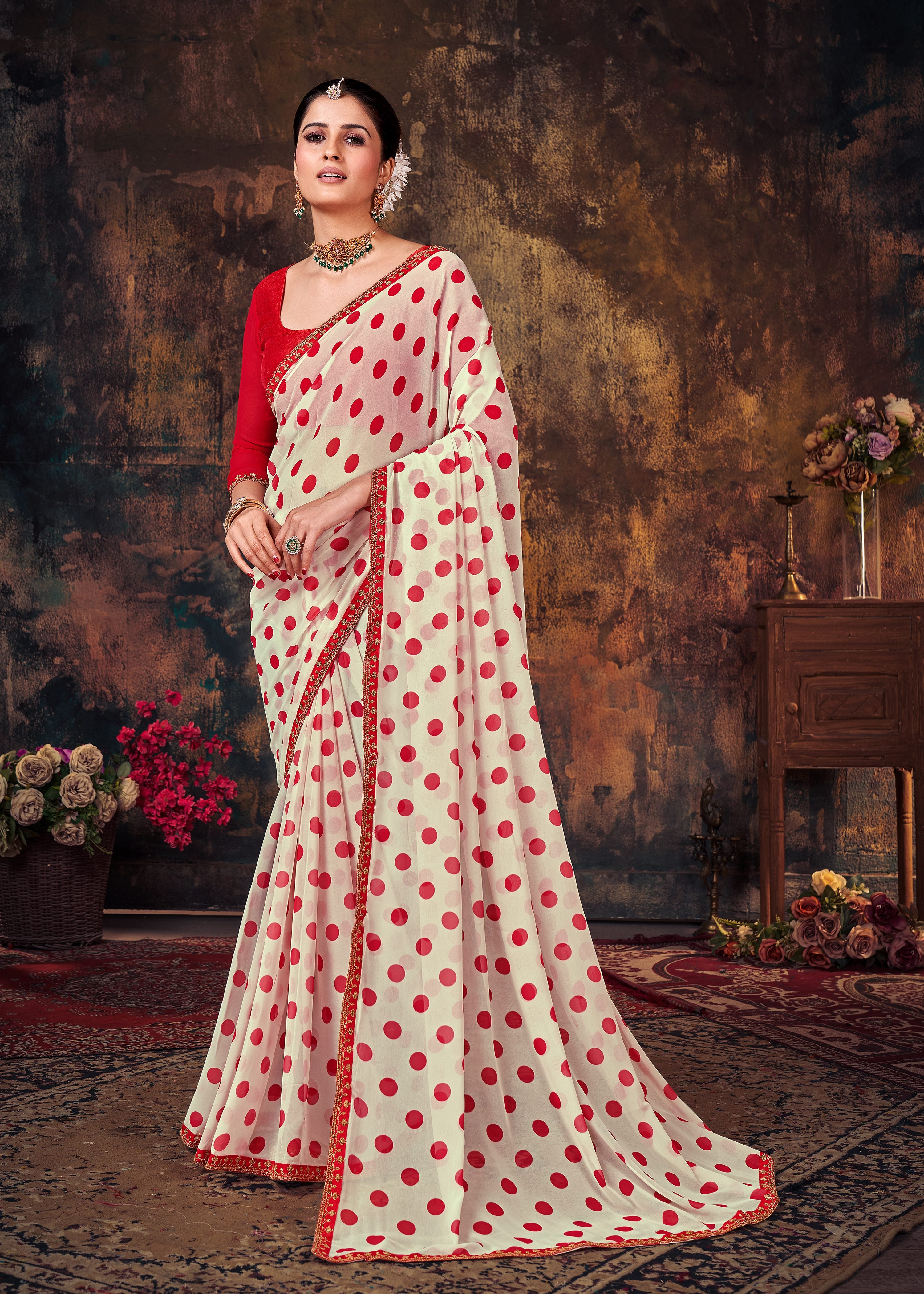 White Red Polka Dot Georgette  Printed Saree