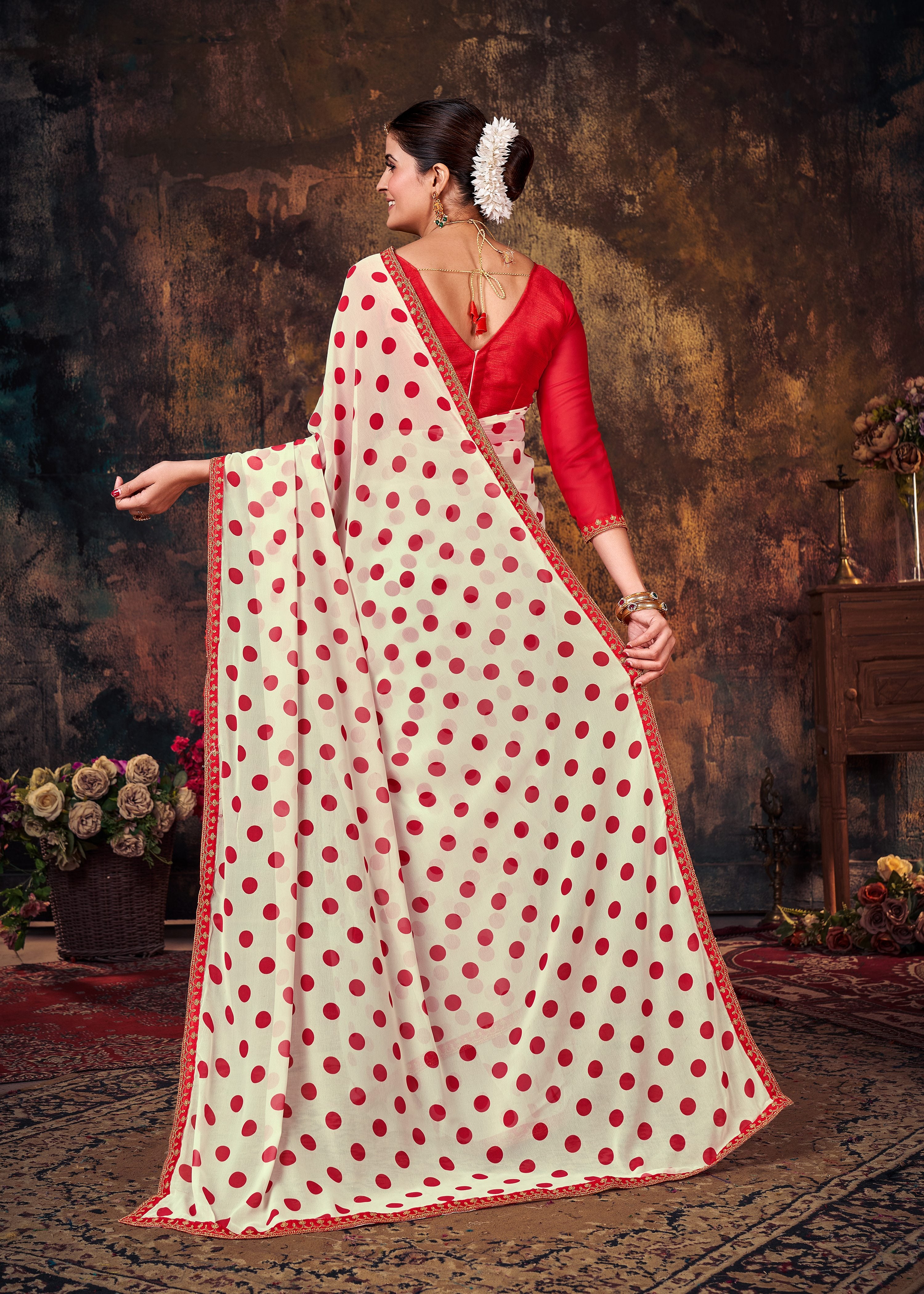 White Red Polka Dot Georgette  Printed Saree