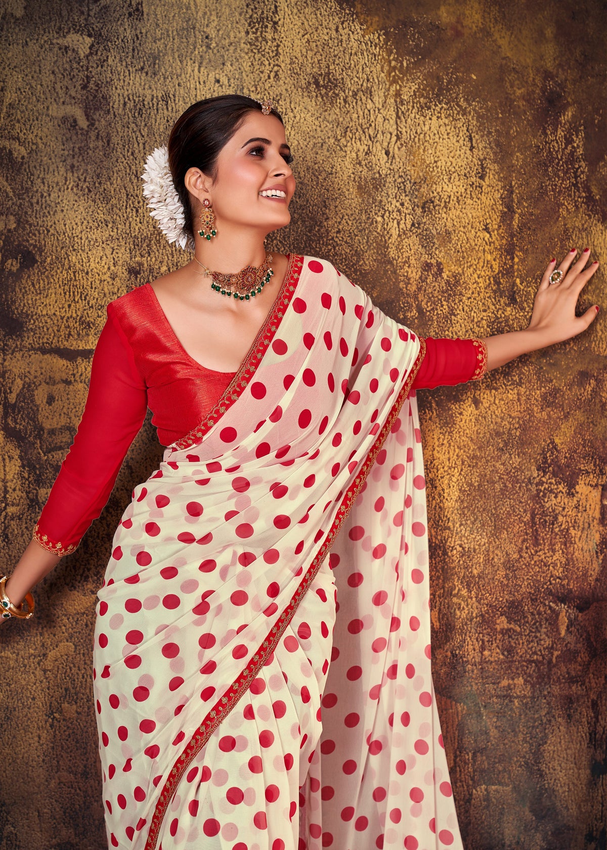 White Red Polka Dot Georgette  Printed Saree