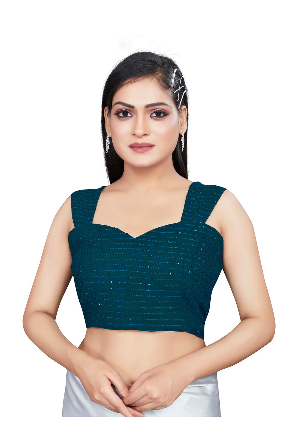 Sari uni en georgette vert turquoise