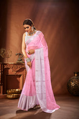 Sari brodé en oraganza rose