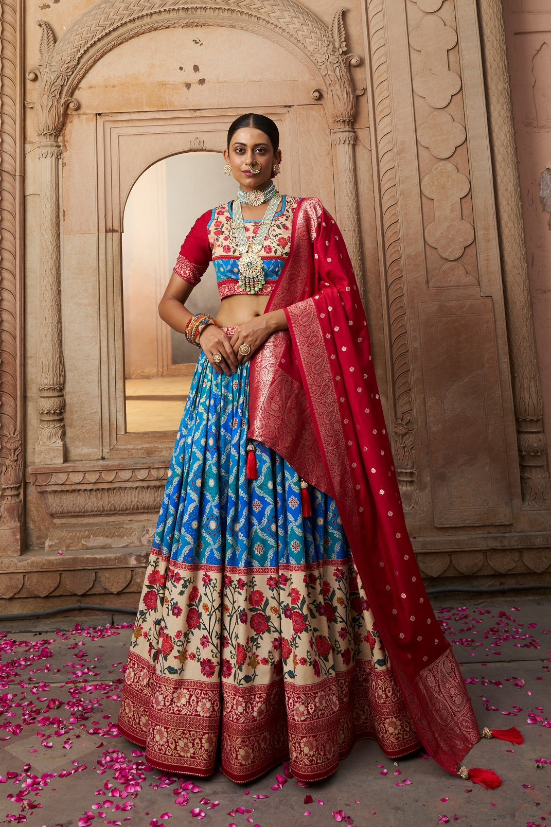 Aqua Blue Readymade Indian Cotton Silk Lehenga Choli Set for Women With Designer Blouse and Dupatta For Wedding