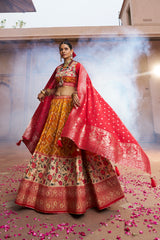 Yellowish Orange Readymade Indian Cotton Silk Lehenga Choli Set for Women With Designer Blouse and Dupatta For Wedding