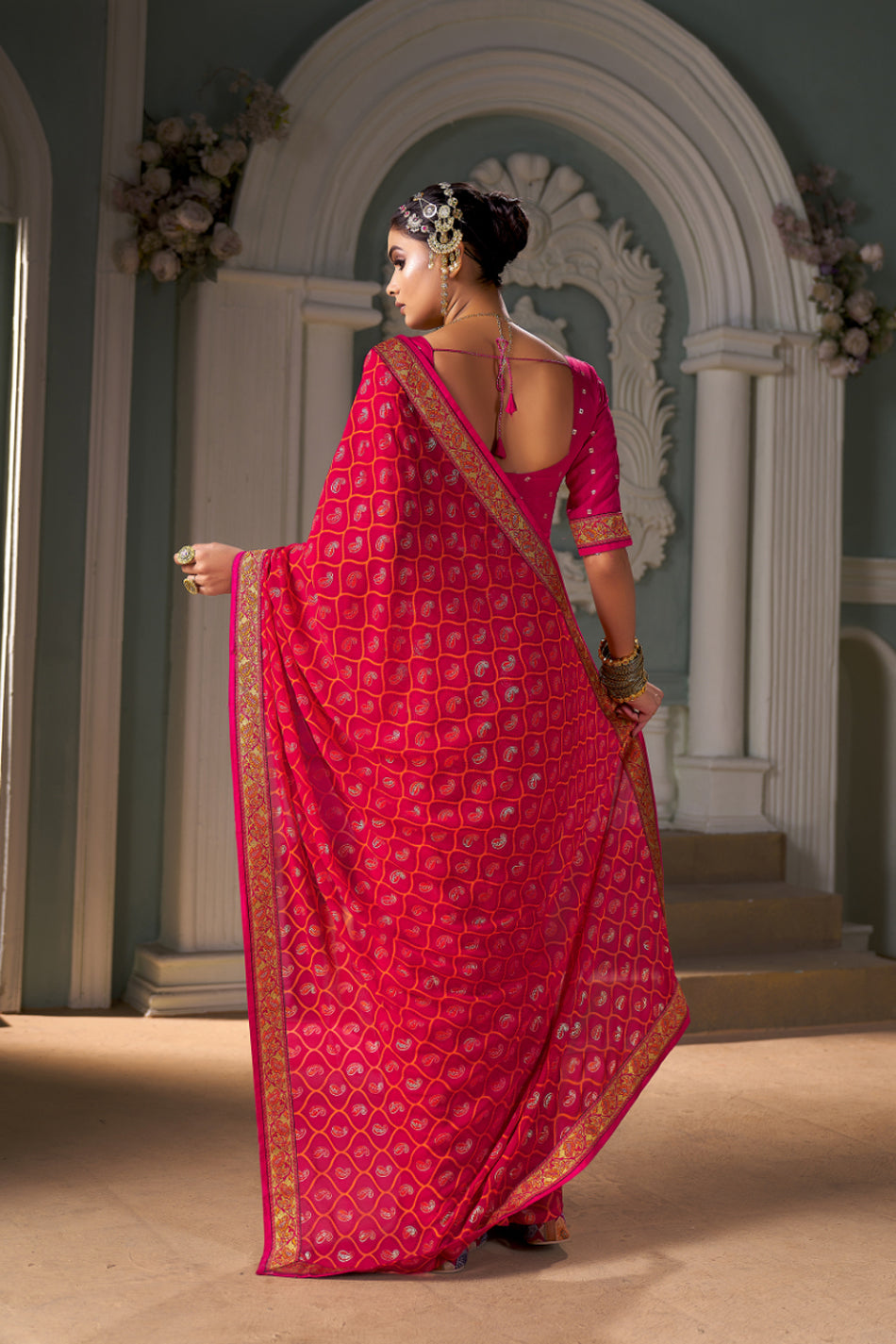 Dark Pink Chiffon Paisley Print Saree-3461