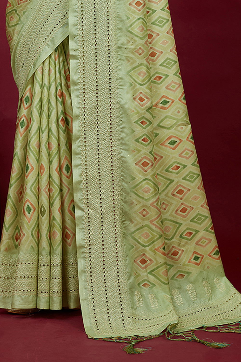 Olive Green Cotton Silk Chickankari Embroidery Cut Work Saree