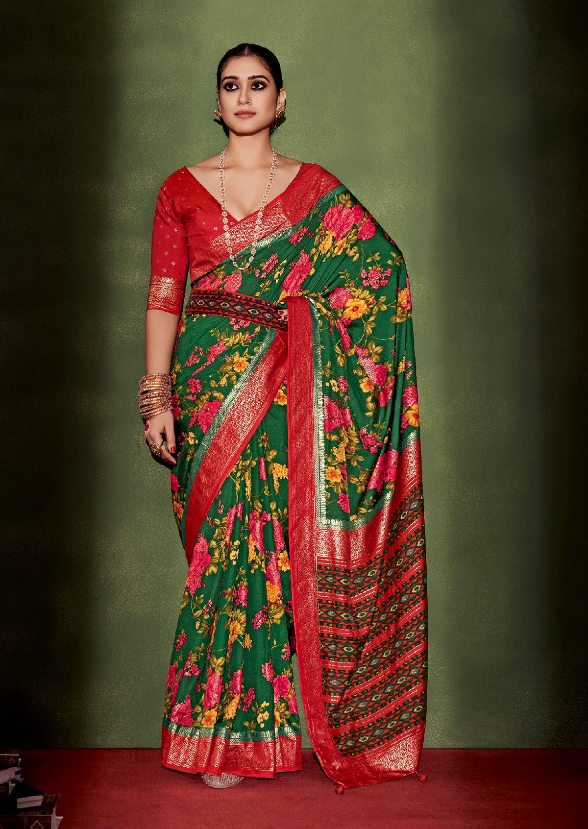 Sherwood Green Cotton Silk Floral Print Saree