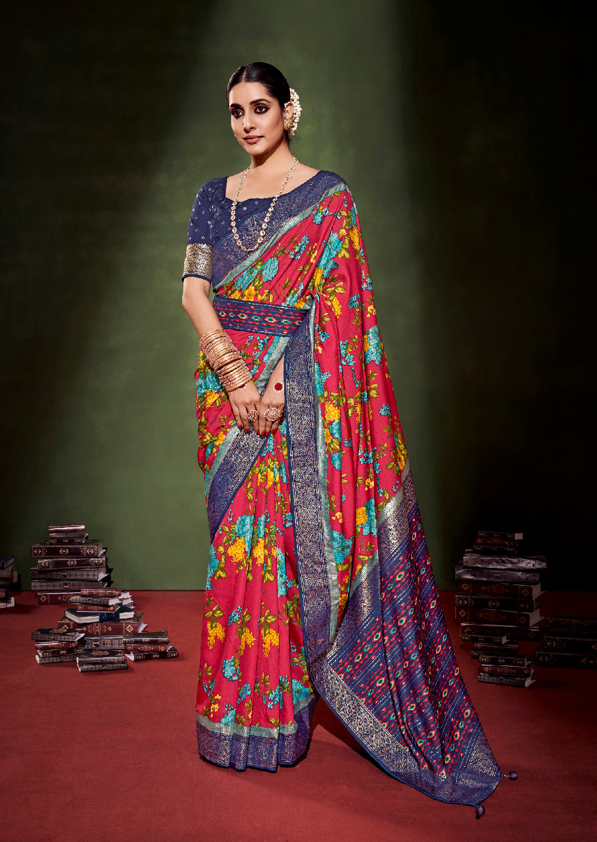 Vivid Burgundy Cotton Silk Floral Print Saree