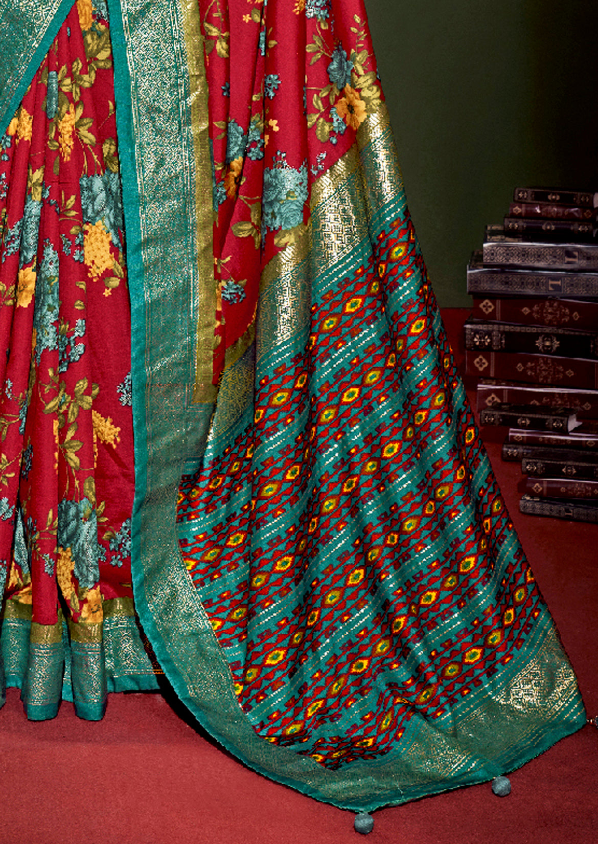 Cornell Red Cotton Silk Floral Print Saree