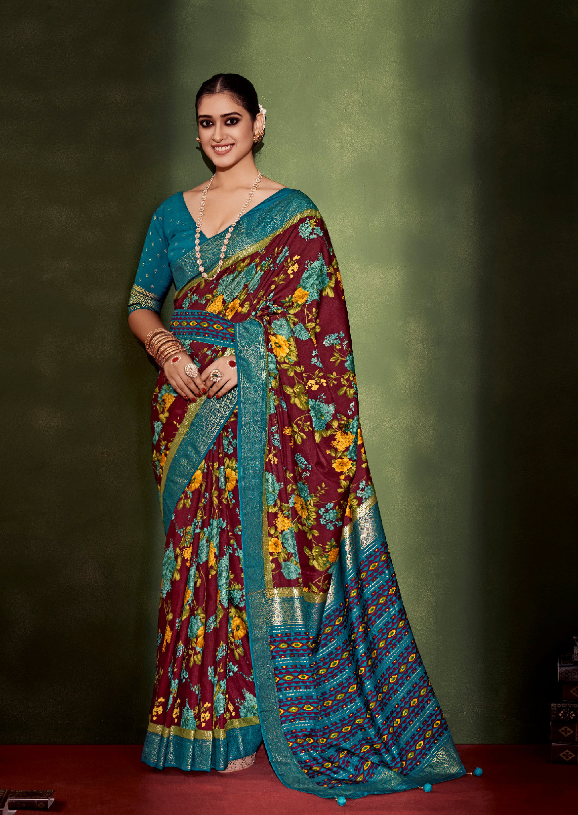 Wine Cotton Silk Floral Print Saree