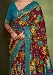 Wine Cotton Silk Floral Print Saree