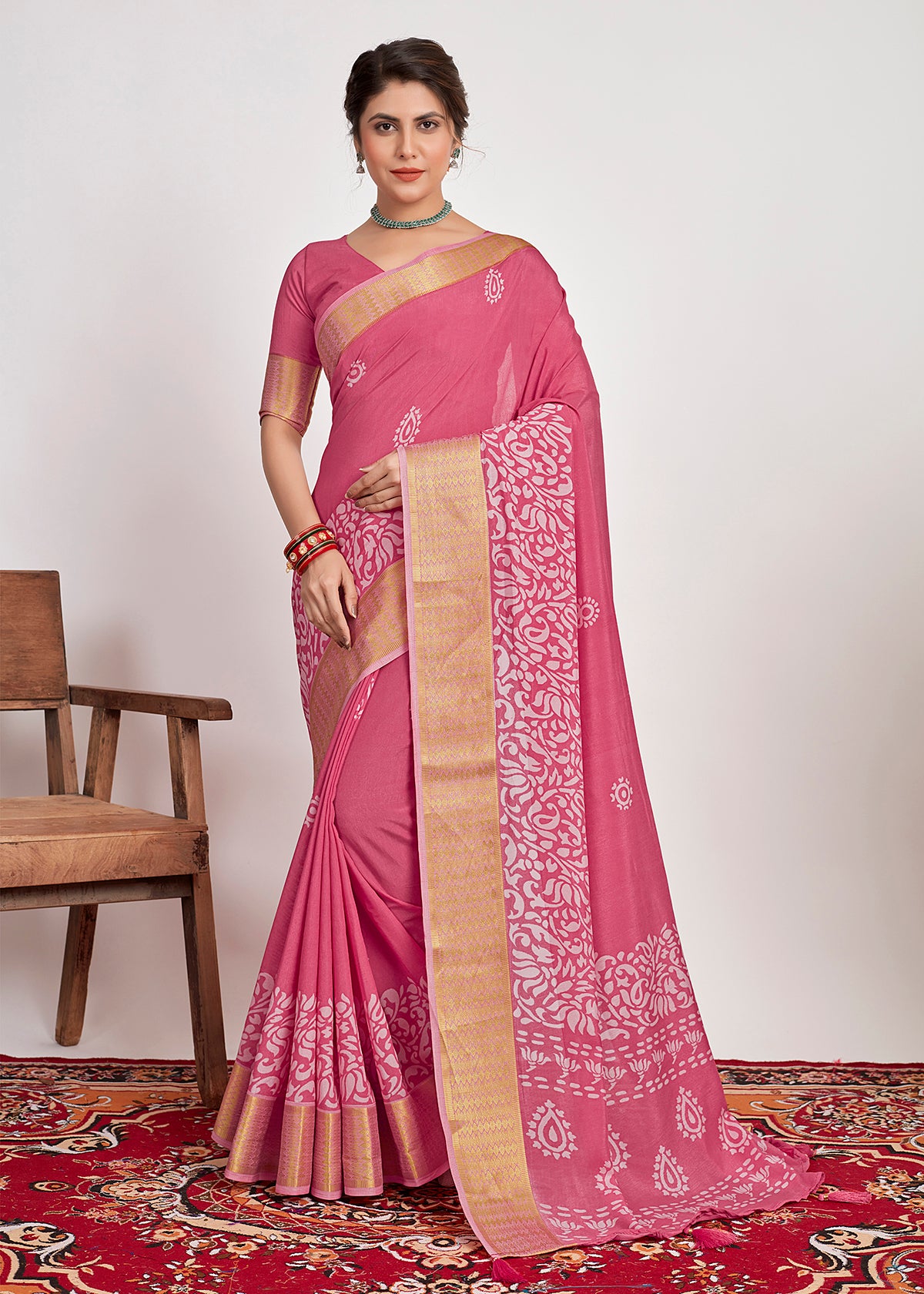 Pink Cotton Silk Batik Print Saree