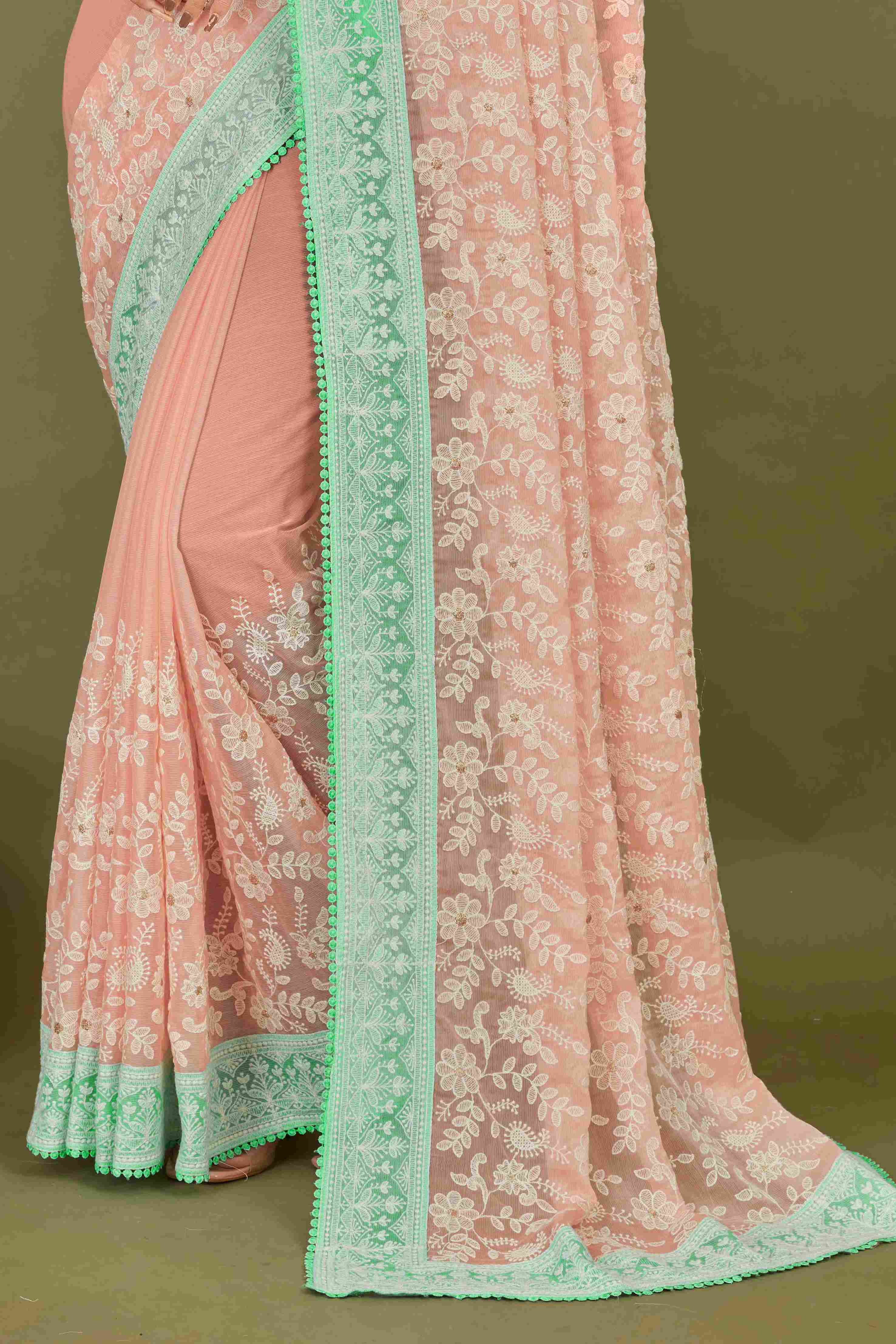 Peach Chiffon Embroidery Work Saree