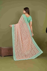 Peach Chiffon Embroidery Work Saree