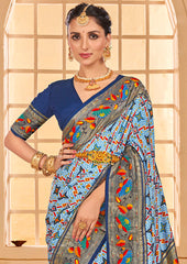 Light Blue Cotton Silk Ikkat Print Saree-3844