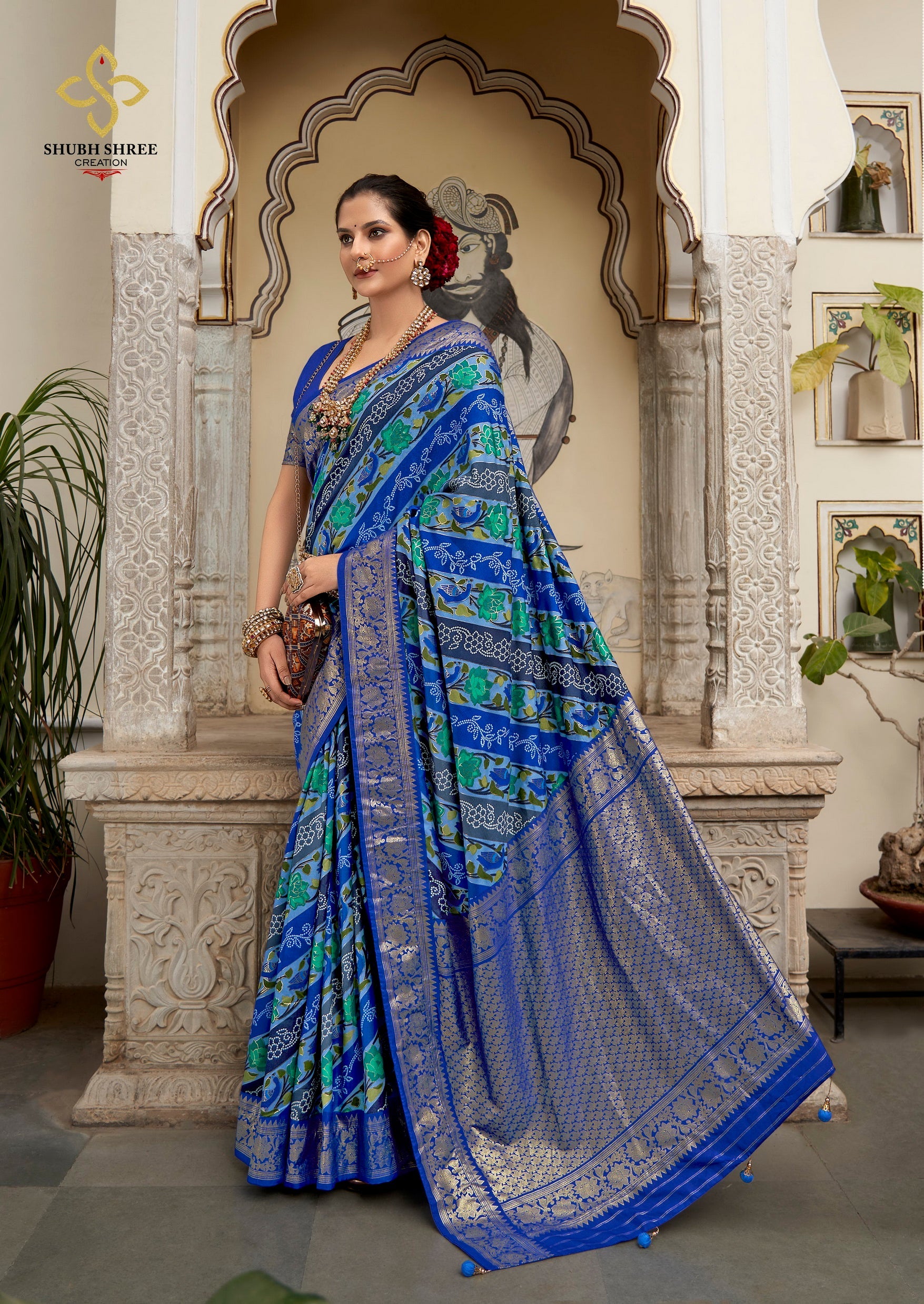 Blue Velvet Tussar Silk Floral Print Saree-3868