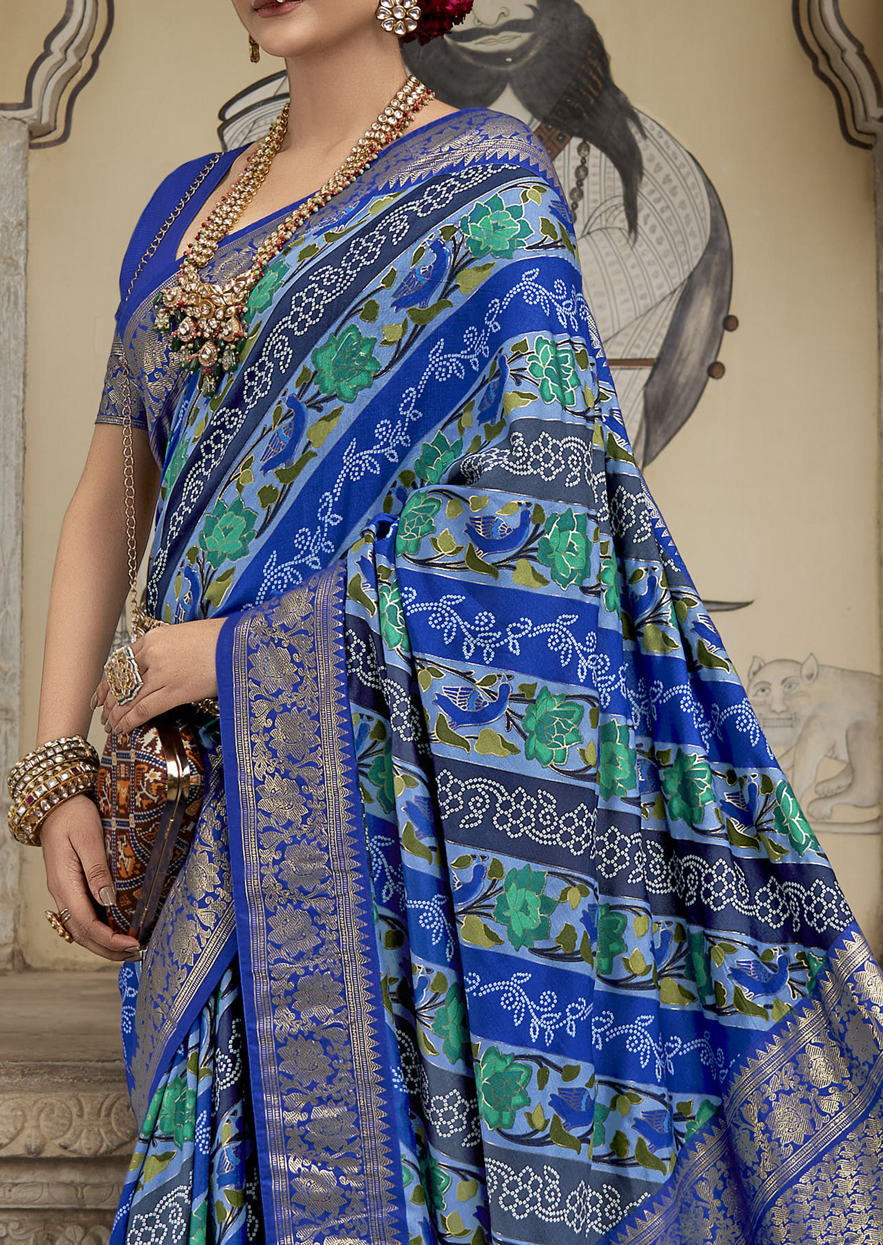 Blue Velvet Tussar Silk Floral Print Saree-3868