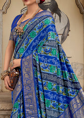 Blue Velvet Tussar Silk Floral Print Saree-3868