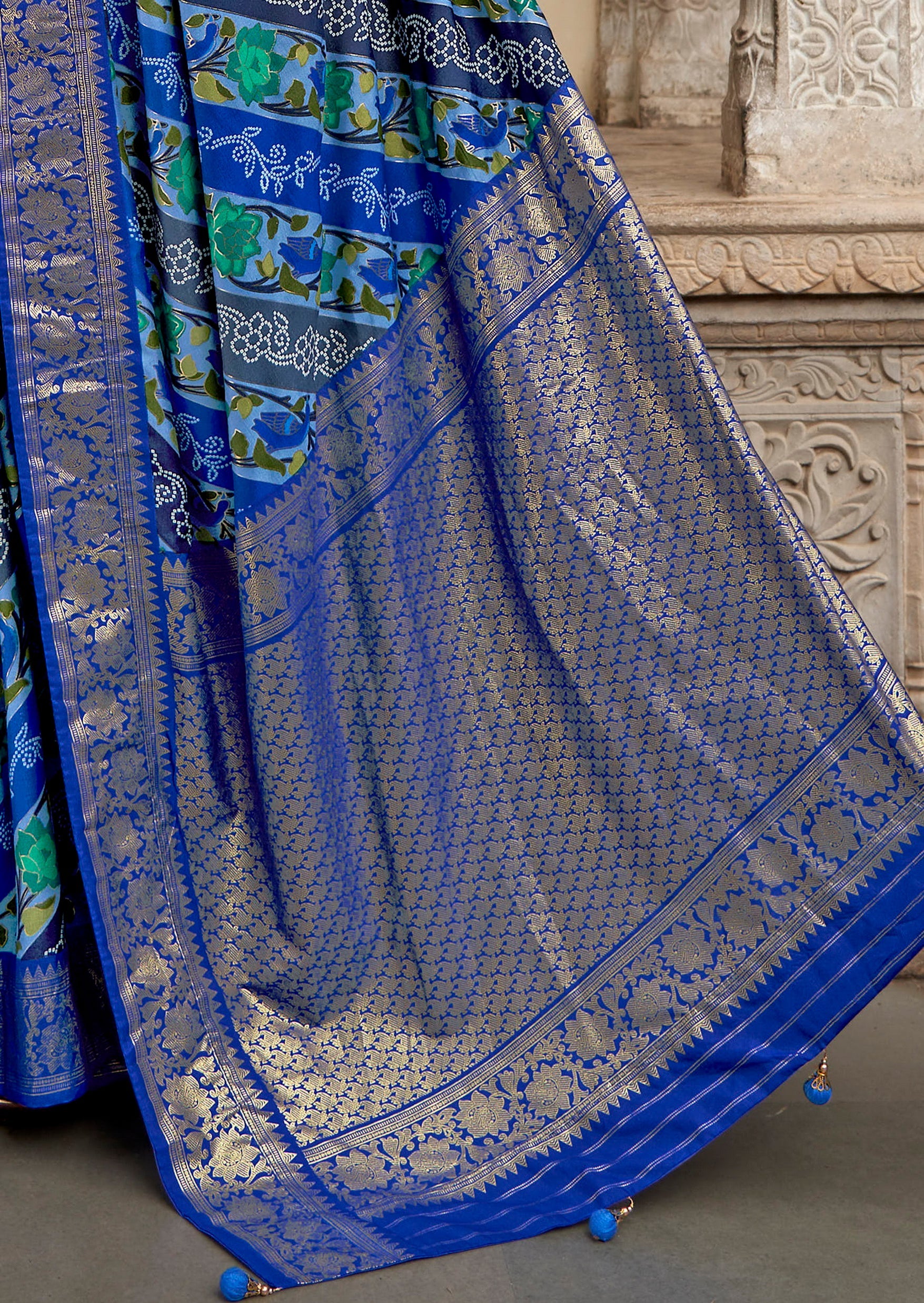 Blue Velvet Tussar Silk Floral Print Saree-3868