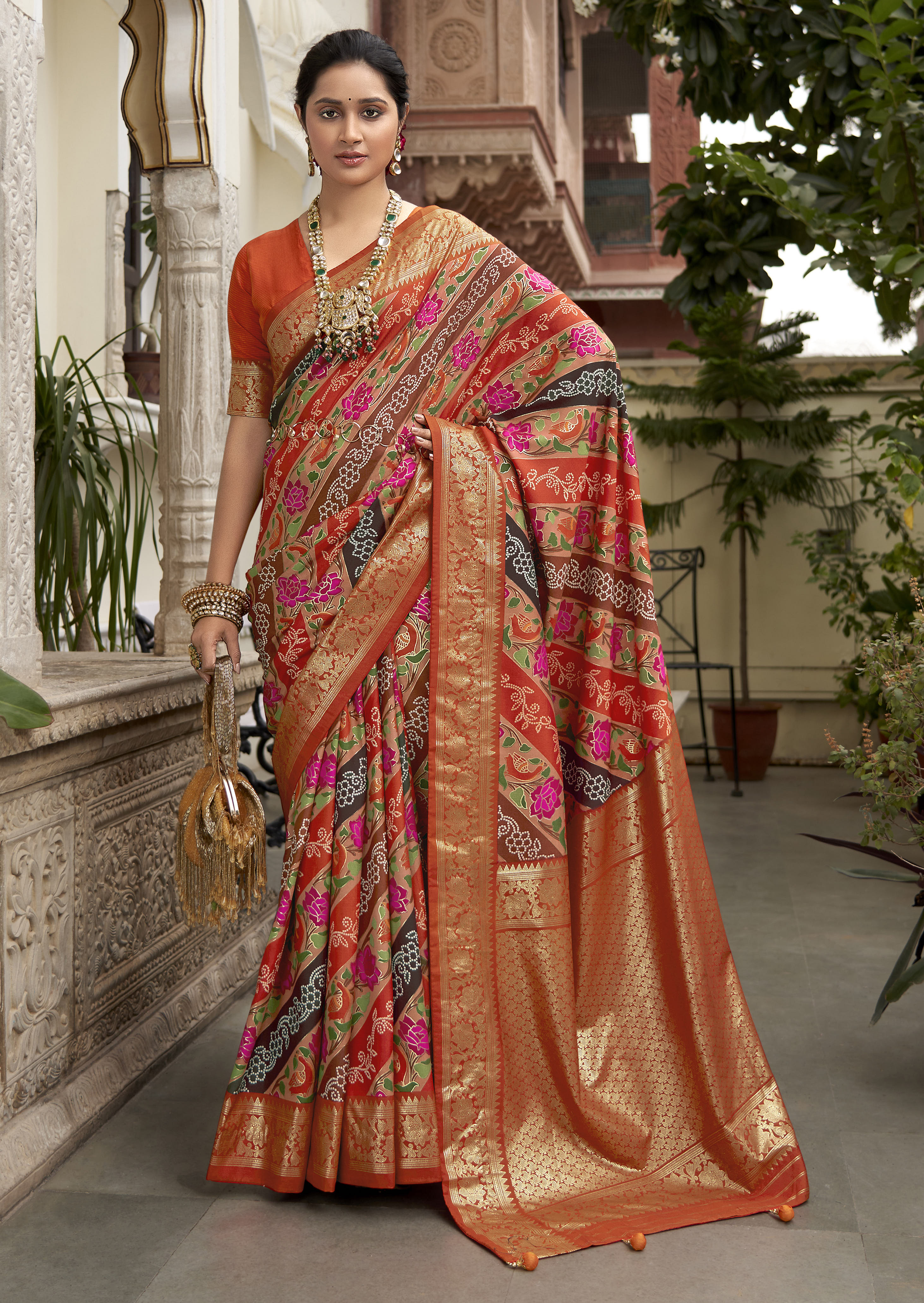 Orange Velvet Tussar Silk Floral Print Saree-3869