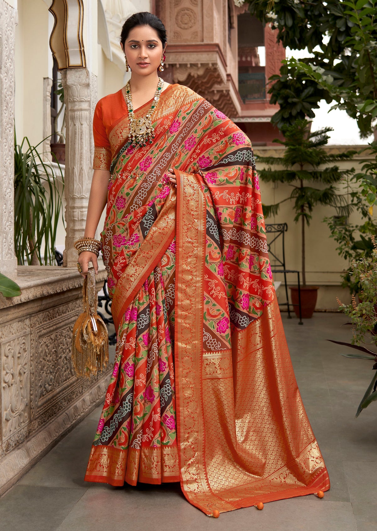 Orange Velvet Tussar Silk Floral Print Saree-3869